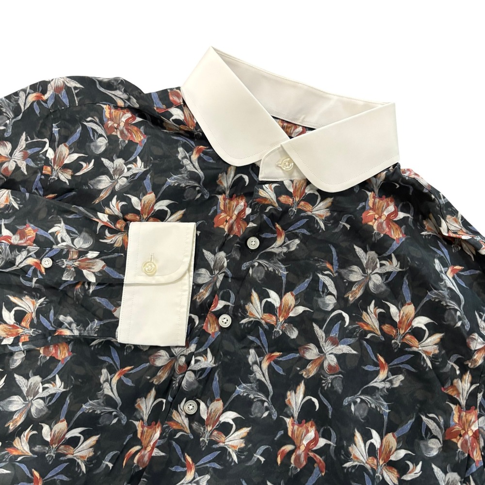 PROPER CLOTH Dress Shirt Mens Black Floral Long Sleeve Cotton White Collar